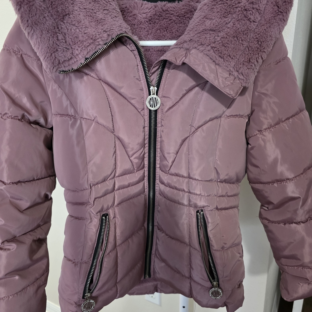 DKNY Mauve Puffer Jacket with Faux Fur Collar